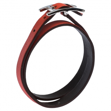Pre Owned Hermès Hapi Dark Orange Leather Palladium Plated Wrap Bracelet M