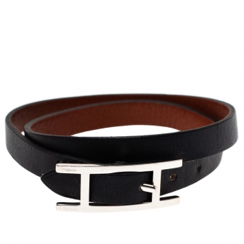 Pre Owned Hermès Hapi 3 MM Black Leather Palladium Plated Wrap Bracelet GM