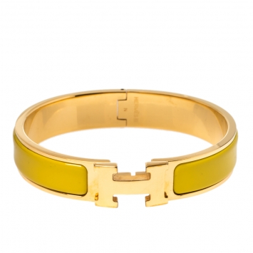 Pre Owned Hermes Clic H Yellow Enamel Gold Plated Narrow Bracelet
