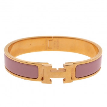 Pre Owned Hermes Clic H Rose Dragee Enamel Gold Plated Narrow Bracelet PM