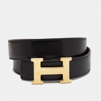 Pre Owned Hermes Black/Gold Togo and Box Leather H Reversible Buckle Belt 85CM