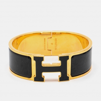 Pre Owned Hermes Clic Clac H Black Enamel Gold Plated Bangle Bracelet 