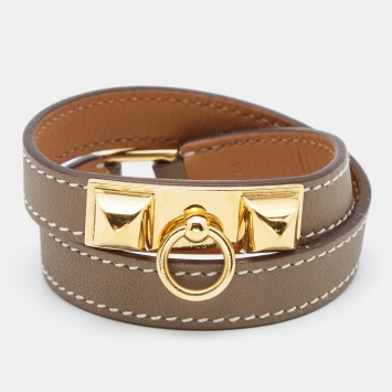 Pre Owned Hermès Étoupe Leather Gold Plated Rivale Double Tour Bracelet S