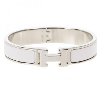 Pre Owned Hermes Clic Clac H White Enamel Palladium Plated Bracelet PM