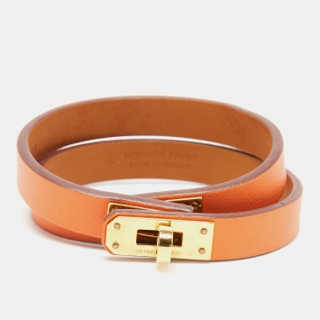 Pre Owned Hermes Mini Kelly Double Tour Orange Leather Gold Plated Bracelet