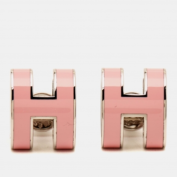 Pre Owned Hermes Pop H Pink Enamel Palladium Plated Stud Earrings