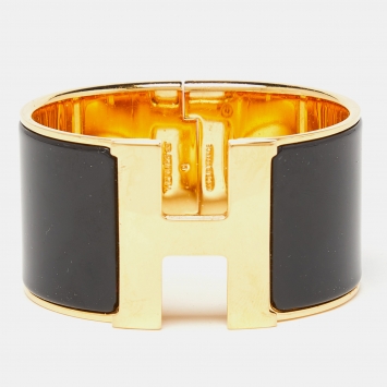 Pre Owned Hermès Clic Clac H Black Enamel Gold Plated Extra Wide Bracelet 