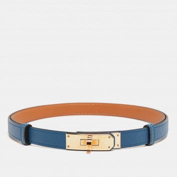 Pre Owned Hermes Bleu Thalassa Epsom Leather Rose Gold Tone Finish Kelly 18 Belt Adjustable