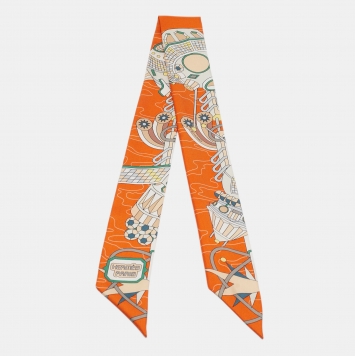 Pre Owned Hermes Orange Print Silk Odyssey Twilly 