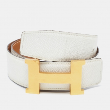 Pre Owned Hermes Blanc Epsom Leather Brushed Constance H Buckle Belt 80 CM