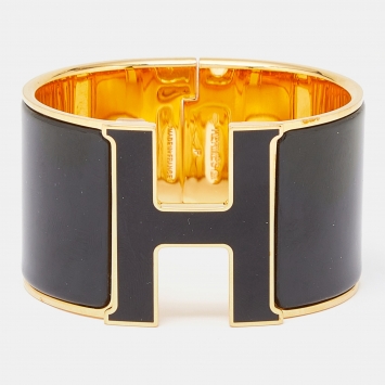 Pre Owned Hermes Clic Clac H Black Enamel Gold Plated Extra Wide Bracelet