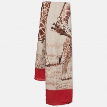 Pre Owned Hermes Red/Beige Cashmere and Silk Les Girafes Scarf