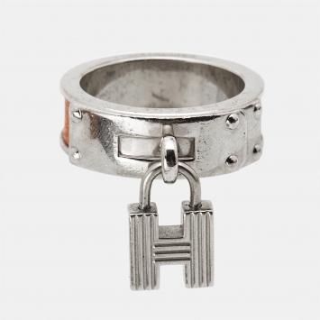 Pre Owned Hermes Kelly Cadena Leather Silver Tone Scarf Ring