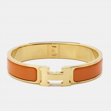 Pre Owned Hermes Clic H Orange Enamel Gold Plated Bracelet