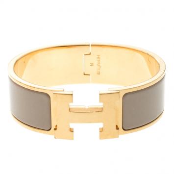 Pre Owned Hermes Clic Clac H Wide Grey Enamel Gold Plated Bracelet