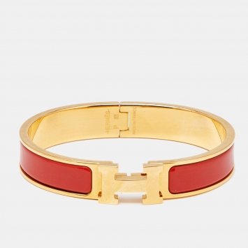 مملوكة مسبقًا Hermes Clic H Red Enamel Gold Plated Narrow Bracelet