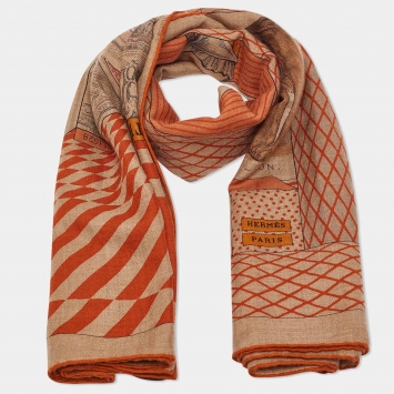 Pre Owned Hermes Brown Cashmere Grand Theatre Nouveau Gris Chine Scarf