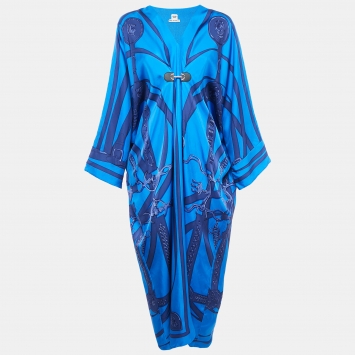 Pre Owned Hermes Blue Printed Silk Kaftan Dress L