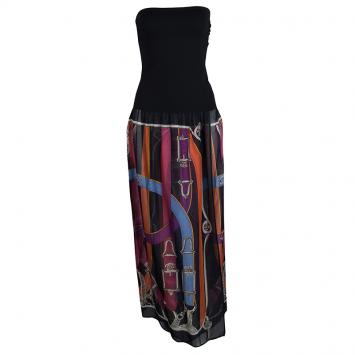 Pre Owned Hermes Black Printed Strapless Dress M