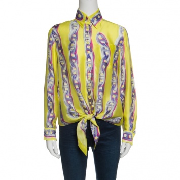 مملوكة مسبقًا Hermes Yellow Silk Chain Printed Front Tie Long Sleeve Shirt S