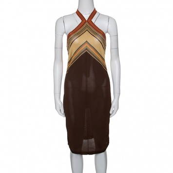 Pre Owned Hermes Brown Knit Striped Bodice Detail Halter Dress M