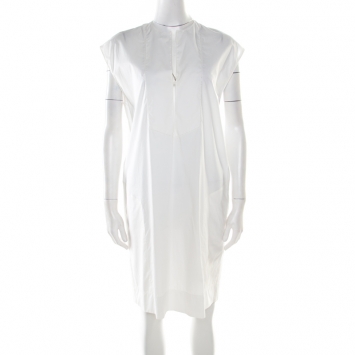 Pre Owned Hermes Off White Cotton Embroidered Pocket Detail Sleeveless Tunic Dress M