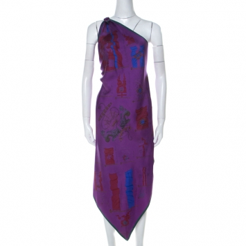 Pre Owned Hermes Purple Flag Print Silk One Shoulder Pavois Scarf Maxi Dress M