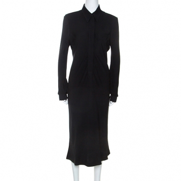 Pre Owned Hermes Black Silk Long Sleeve Collared Dress L