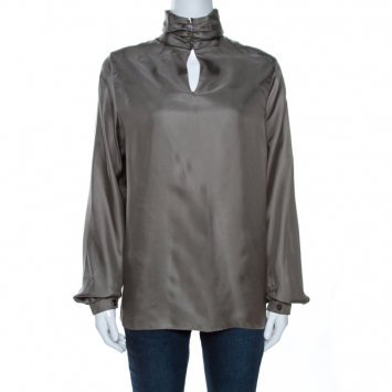 Pre Owned Hermes Grey Printed Silk High Neck Blouse M