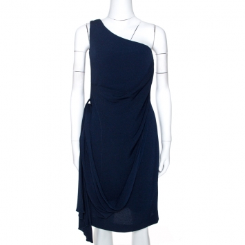 Pre Owned Hermes Navy Blue Silk One Shoulder Draped Dress S