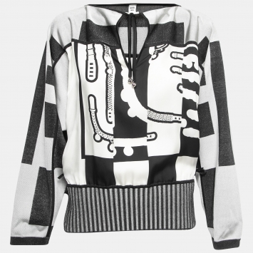 Pre Owned Hermes Black Printed Silk & Knit Top S