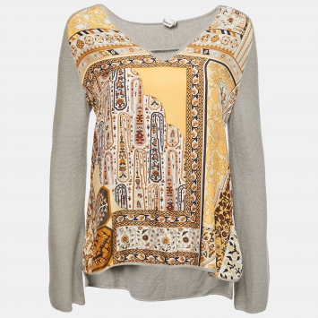 Pre Owned Hermes Grey Printed Silk and Wool Knit V-Neck Sweater M