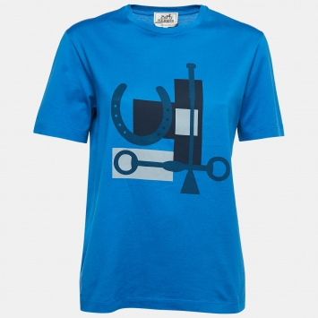 Pre Owned Hermes Blue Print Cotton Half Sleeve T-Shirt XS