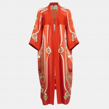 Pre Owned Hermes Orange Print Silk & Knit Trim Long Twillaine Cardigan M