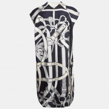 Pre Owned Hermes Black Cavalcadour Print Silk Shift Dress L