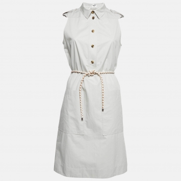 Pre Owned Hermes Grey Cotton Belted Shirt Dress M