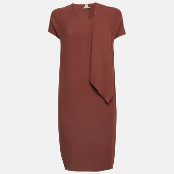 Pre Owned Hermes Brown Silk Drape Style Neck Shift Dress S  