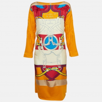 Pre Owned Hermes Orange Printed Silk & Knit Short Dress M