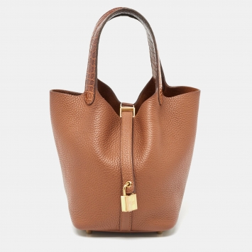 Pre Owned Hermes Gold Taurillon Clemence Leather and Alligator Touch Picotin Lock 18 Bag
