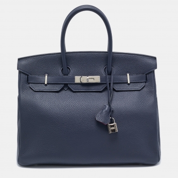Pre Owned Hermès Bleu Nuit/Rose Pourpre Taurillon Clemence Leather Palladium Finish Birkin 35 Bag