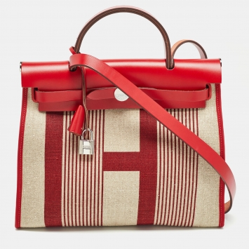 Pre Owned Hermes Bordeaux/Ficelle/Rouge Piment H Vibration Canvas and Leather Herbag Zip 31 Bag