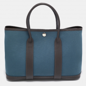 Pre Owned Hermes Bleu Tempete/Ebene Toile Officier and Negonda Leather Garden Party 30 Bag
