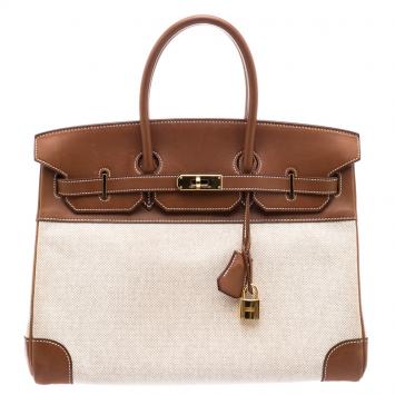 Pre Owned Hermes Brown/Beige Canvas And Box Calf Leather Gold Hardware Birkin 35 Bag