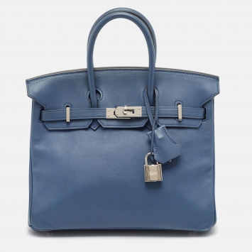 Pre Owned Hermes Bleu Agate Swift Leather Palladium Finish Birkin 25 Bag