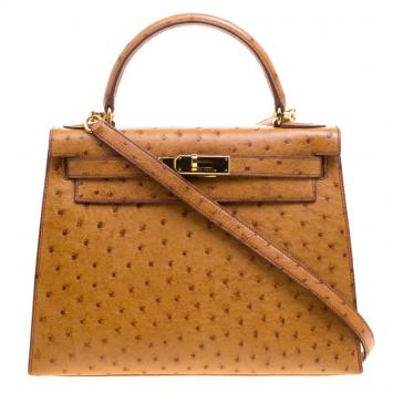 Pre Owned Hermes Cognac Ostrich Gold Hardware Kelly Sellier 28 Bag