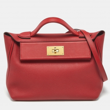 Pre Owned Hermes Rouge Piment/Rouge Vif Togo and Swift Leather Gold Finish 24/24 29 Bag
