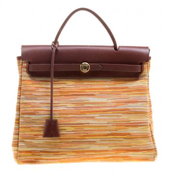 Pre Owned Hermes Brown Vibrato Leather and Canvas Herbag 2 in 1
