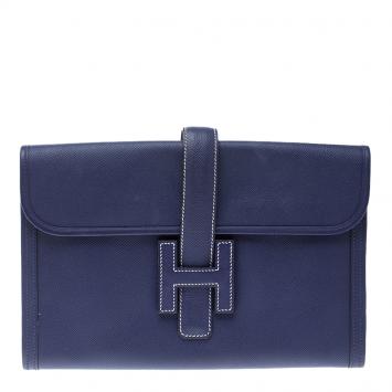 Pre Owned Hermes Blue Epsom Leather Jige PM Clutch