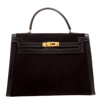 Pre Owned Hermes Dark Marron Box Calf Leather and Suede Gold Hardware Kelly Sellier 32 Bag