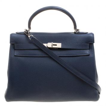 Pre Owned Hermes Blue De-Presse Togo Palladium Hardware Kelly Retourne 32 Bag